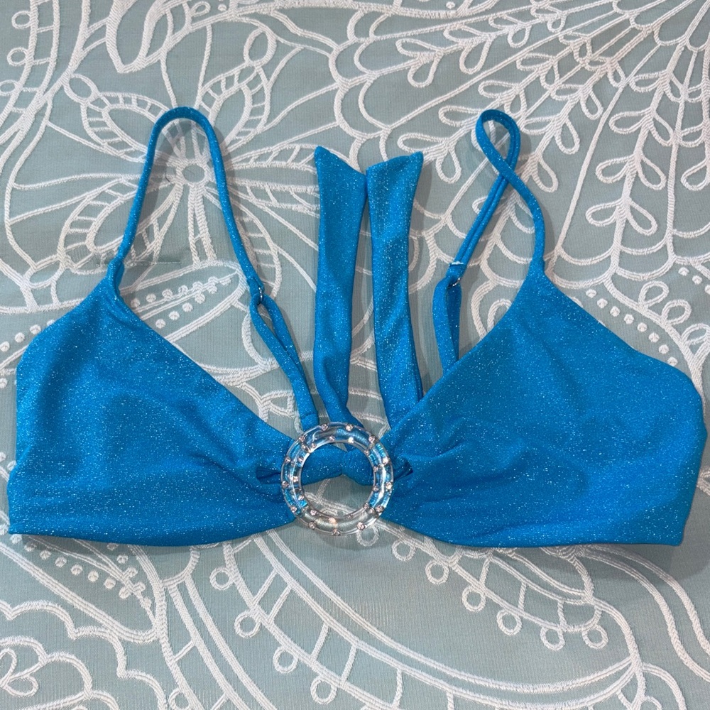 Blue Glitter Ring-Front Bikini Top - Beach Bunny XL